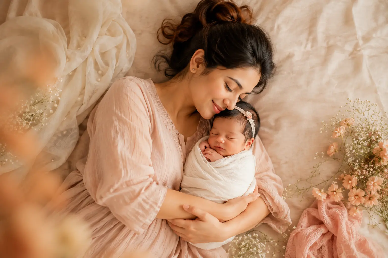 Mother holding her newborn close during the first month after birth, reflecting early bonding and practical newborn care